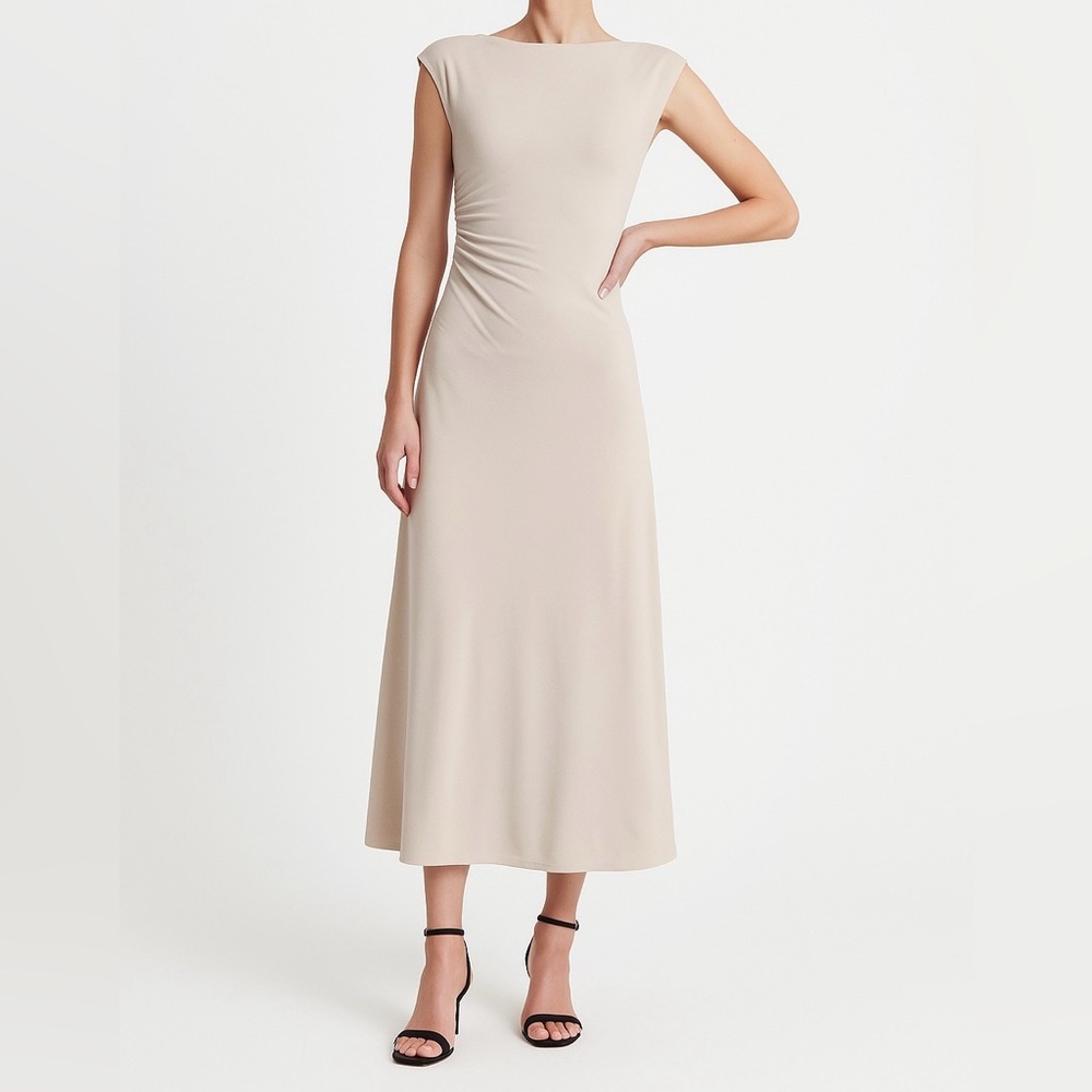H&M Cream Jersey Stretch Fitted Ruched Waist Dress SMALL